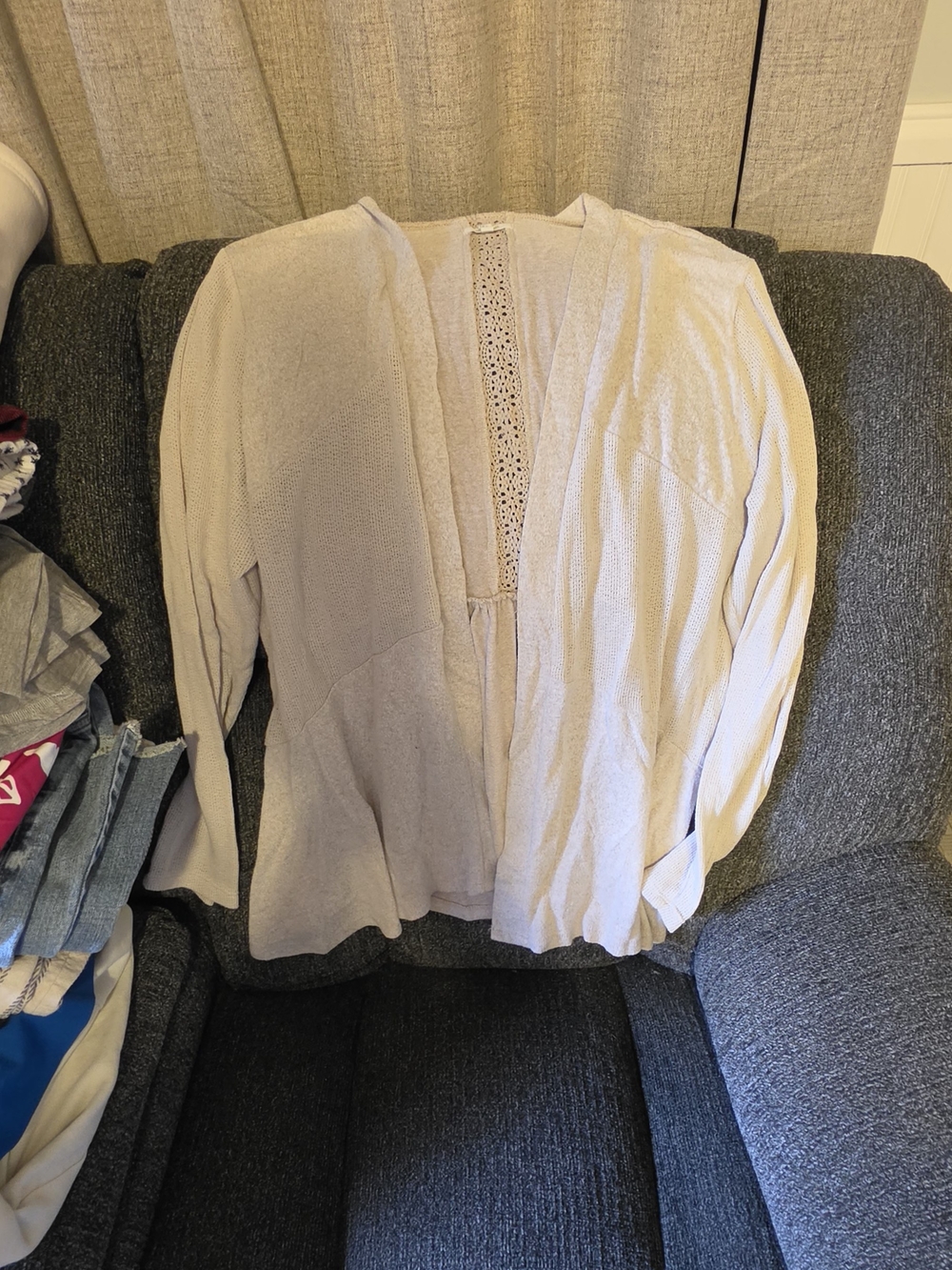 Maurices Light Beige Open-Front Knit Cardigan with Lace Back Panel